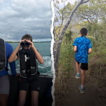 my son on a panga and also on a hike in the galapagos