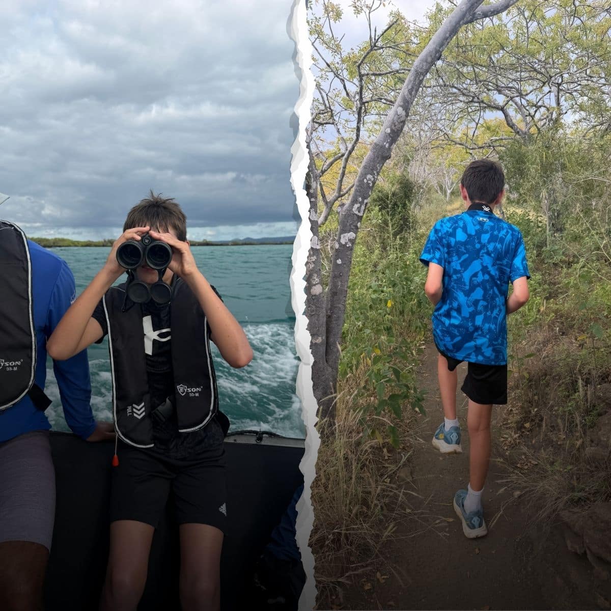 my son on a panga and also on a hike in the galapagos