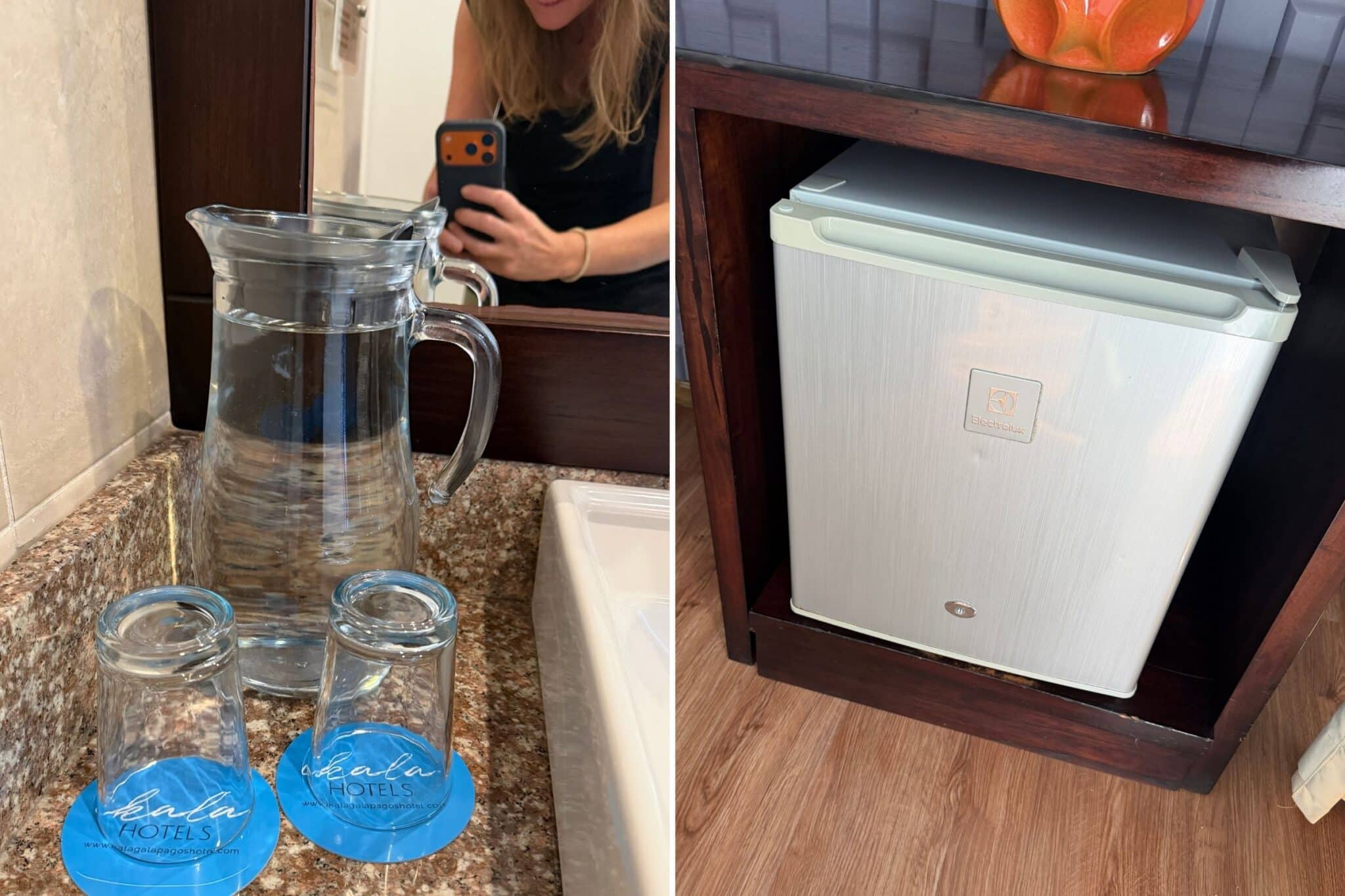 fridge and water pitcher in our room at hotel ikala galapagos