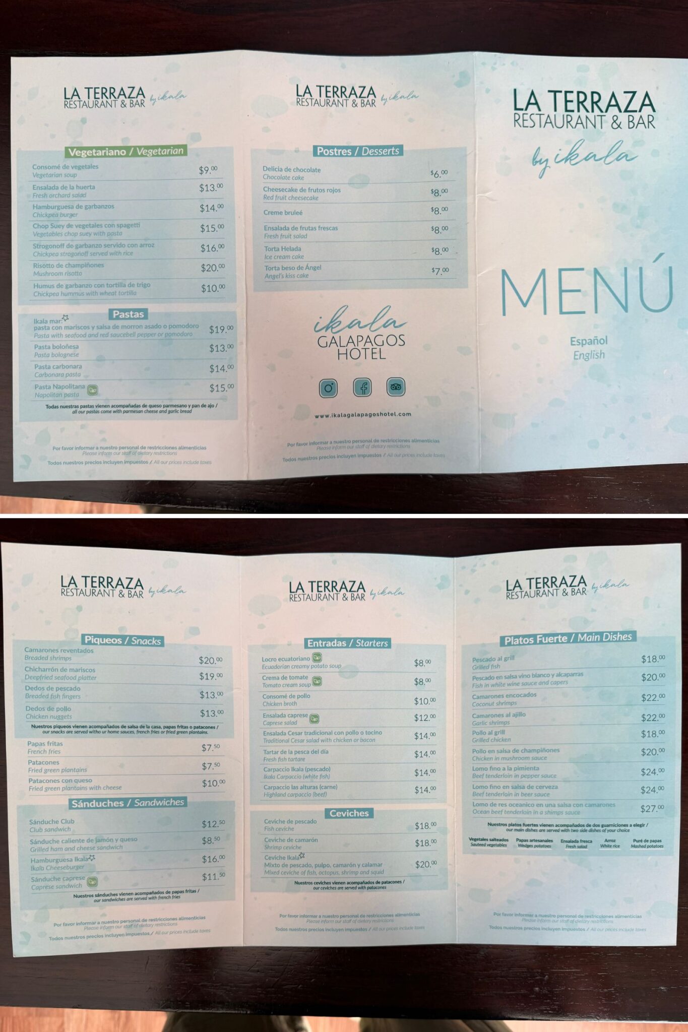 restaurant menu for la terraza at hotel ikala galapagos