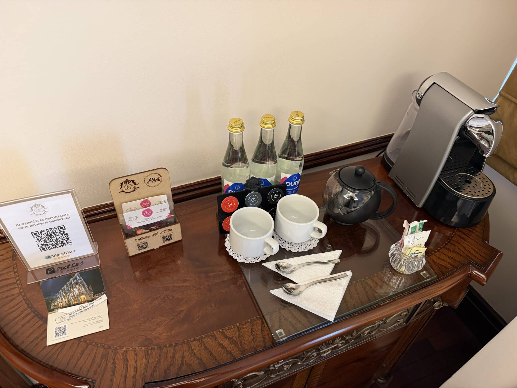 coffee bar in our room at hotel plaza grande in quito