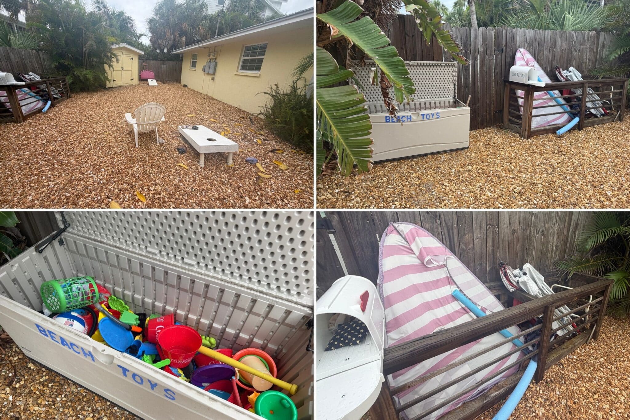 cornhole set and communal beach gear